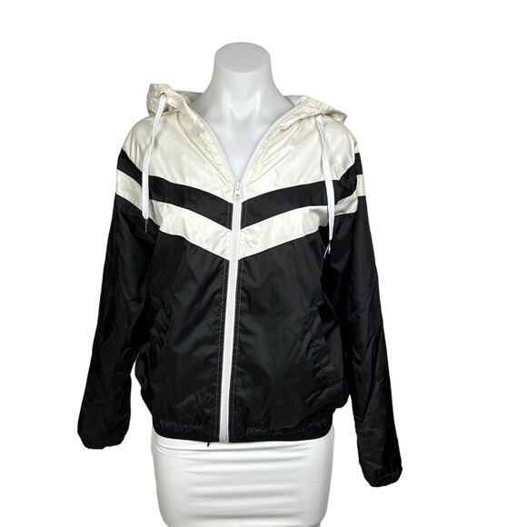 Forever 21 Womens Black White Zip Hooded Anorak Windbreaker Jacket Size S - Picture 1 of 7